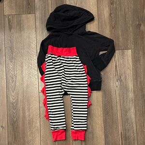 The Mini Classy Red Striped Dino Pants / Suede Black hooded sweatshirt / 2T